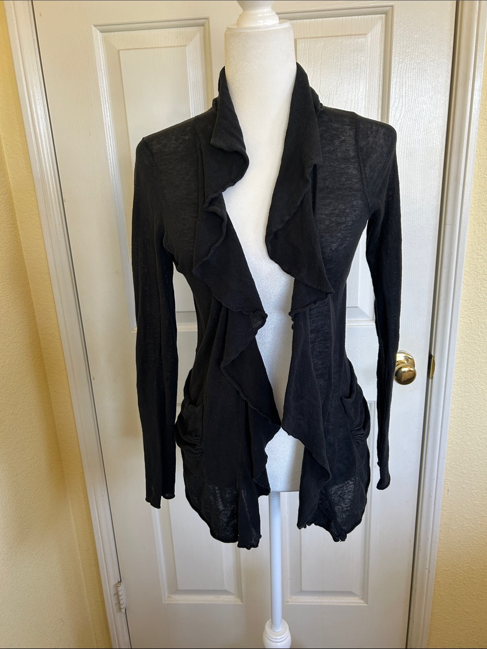 sparrow Black Ruffle-Front Open Cardigan